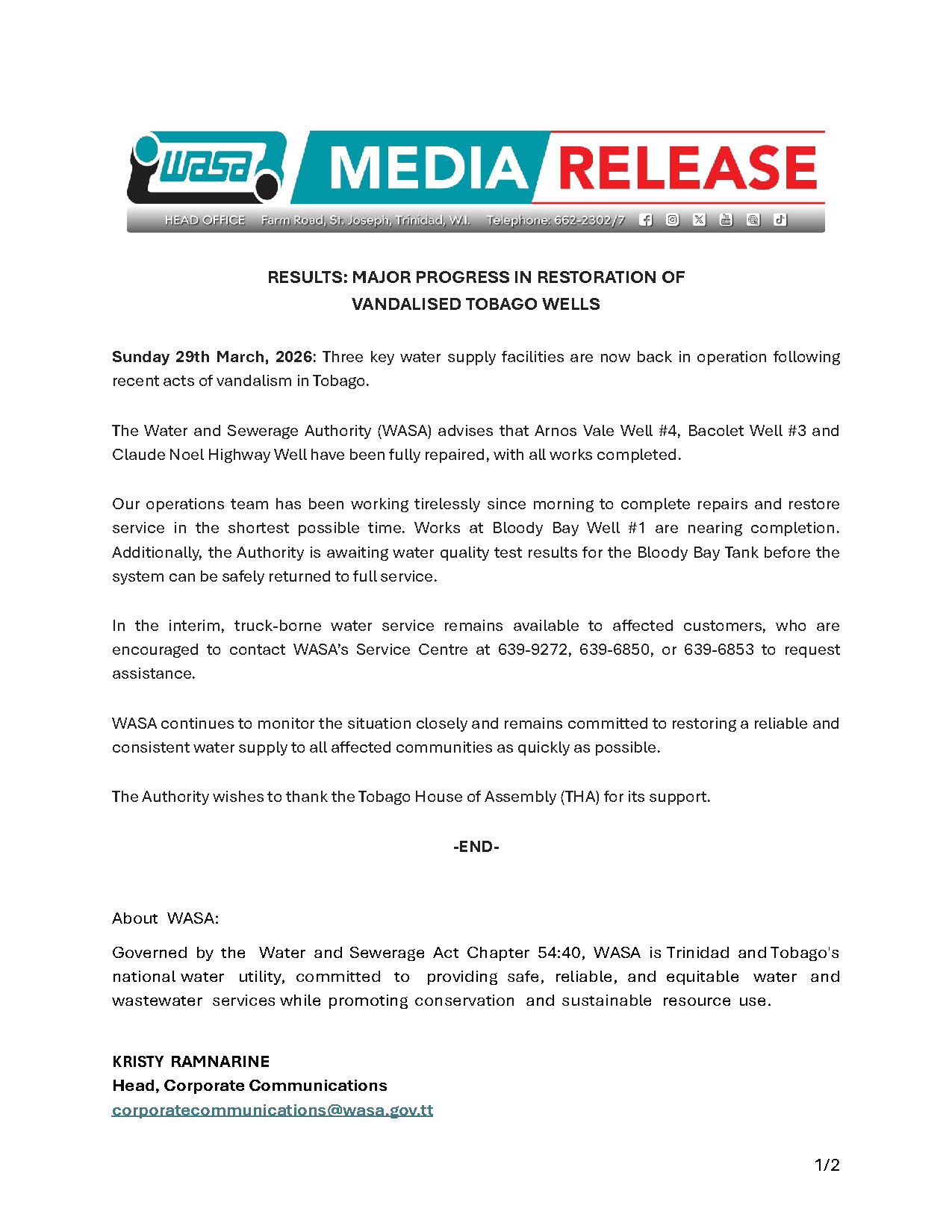 Update on Vandalism of Tobago Wells